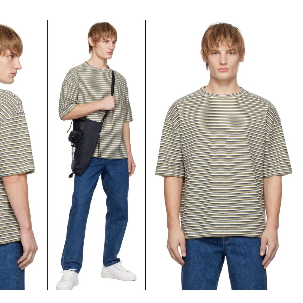 A.P.C. Rue Madame Paris Mens Bahia Cotton Knit T-Shirt Green Multi Retro Boho M - Picture 2 of 6